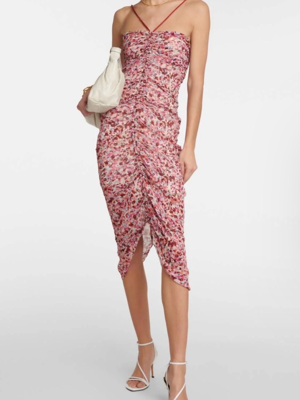 Isabel Marant Floral Pink Ruched Midi Dress with Spaghetti Straps